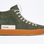 Men's ORIGINAL LC17 High-top Khaki Suede Sneaker displays the red stitiching and patchwork logo, shown from the side profile.