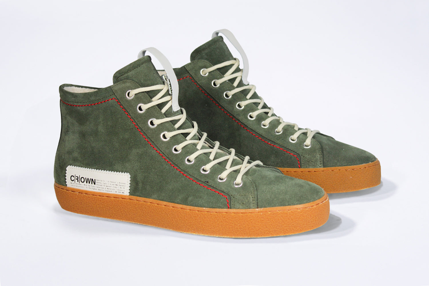Men's ORIGINAL LC17 High-top Khaki Suede Sneaker, with signature red stitching and a natural rubber sole.