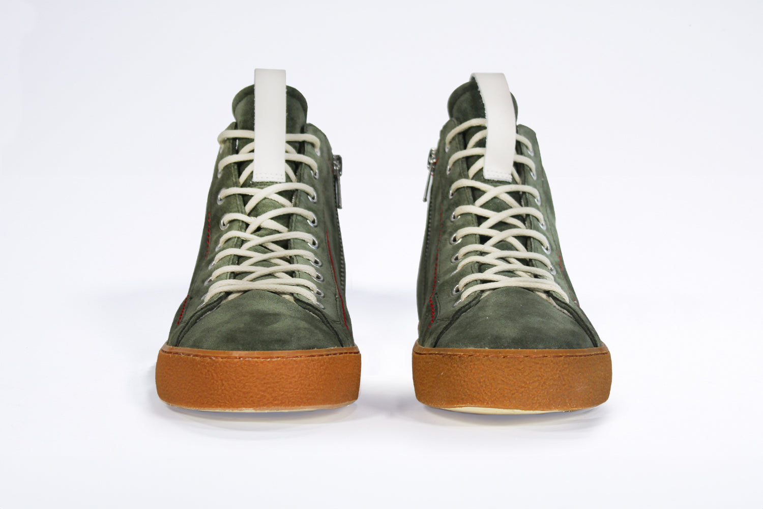 Men's ORIGINAL LC17 High-top Khaki Suede Sneaker, with signature red stitching and natural rubber sole.