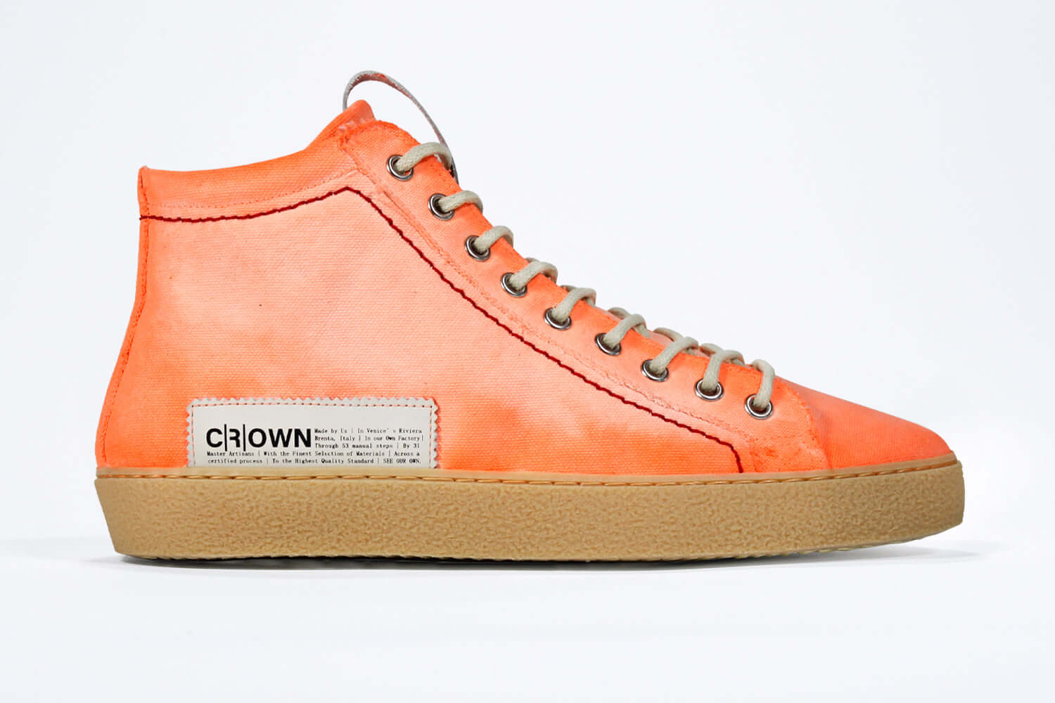 Men's ORIGINAL LC17 High-top Handpainted Orange Canvas with red stitiching and patchwork logo, shown from the side profile.