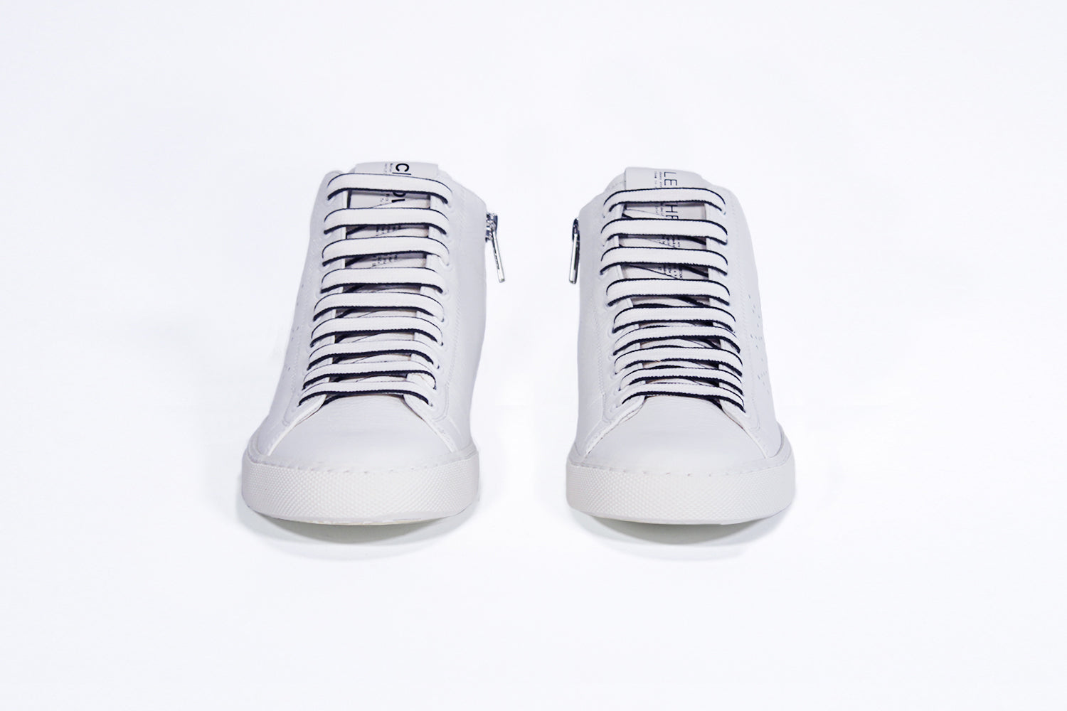 Women's High-top EARTH sneaker in white leather with a sleek design, front view, showcasing laces and zipper detail.