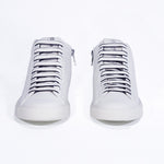Women's High-top EARTH sneaker in white leather with a sleek design, front view, showcasing laces and zipper detail.