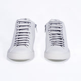 Women's High-top EARTH sneaker in white leather with a sleek design, front view, showcasing laces and zipper detail.