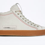 Women's ORIGINAL LC17 Fur-lined High-top in White Leather sneaker displays the red stitiching and patchwork logo, shown from the side profile.