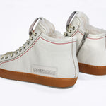  Women's ORIGINAL LC17 Fur-lined High-top in White Leather sneaker, with signature red stitching and a natural rubber sole.