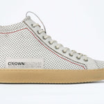  Women's ORIGINAL LC17 High-top Perforated Aged-White Leather, displays the red stitiching and patchwork logo, shown from the side profile.