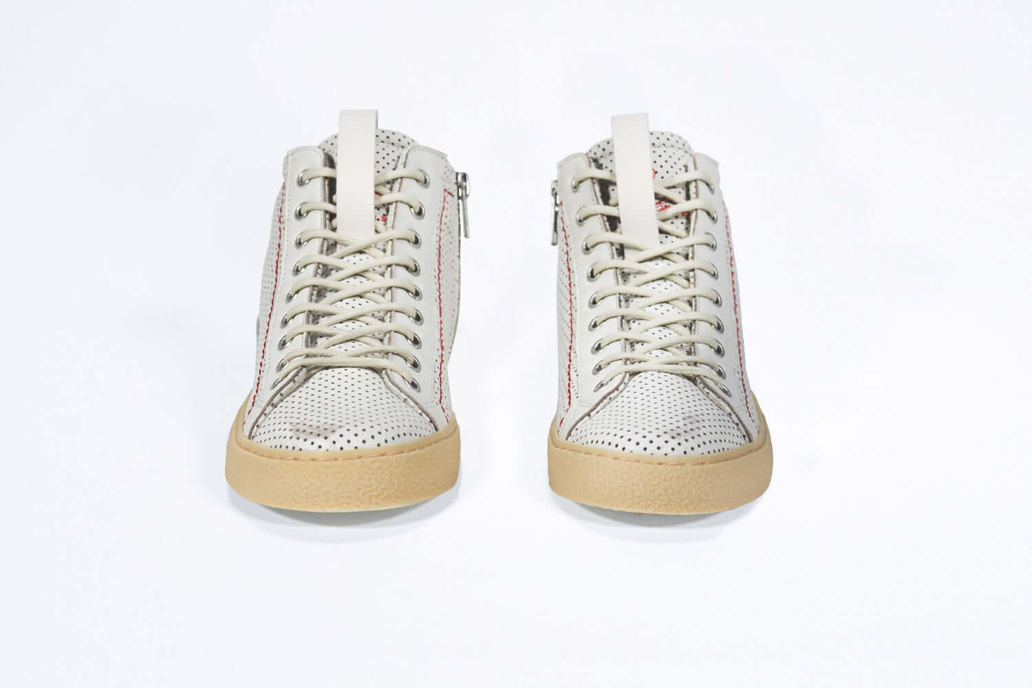 Women's ORIGINAL LC17 High-top Perforated Aged-White Leather sneaker with signature red stitching and a dark natural rubber sole.