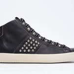 Women's STUDBORN High-top in Vintage Black Leather with polished gunmetal studs and vintage-treated leather.