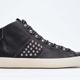 Women's STUDBORN High-top in Vintage Black Leather with polished gunmetal studs and vintage-treated leather.