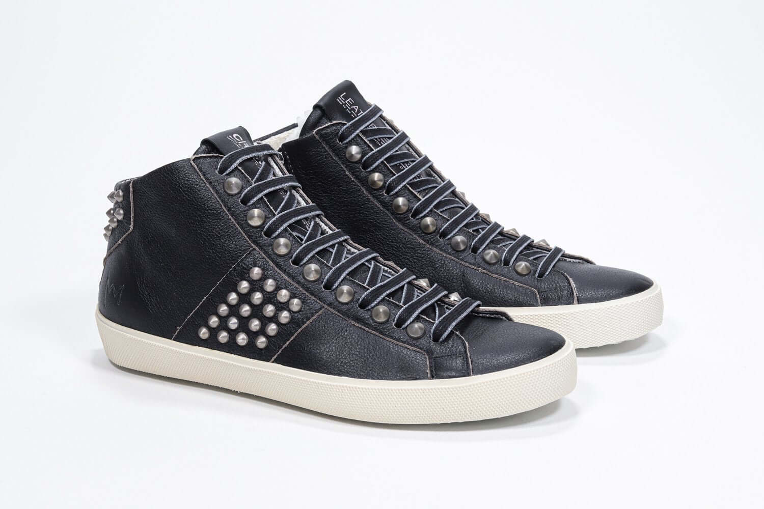 Women's STUDBORN High-top in Vintage Black Leather with polished gunmetal studs and cushioned insole.