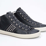 Women's STUDBORN High-top in Vintage Black Leather with polished gunmetal studs and cushioned insole.