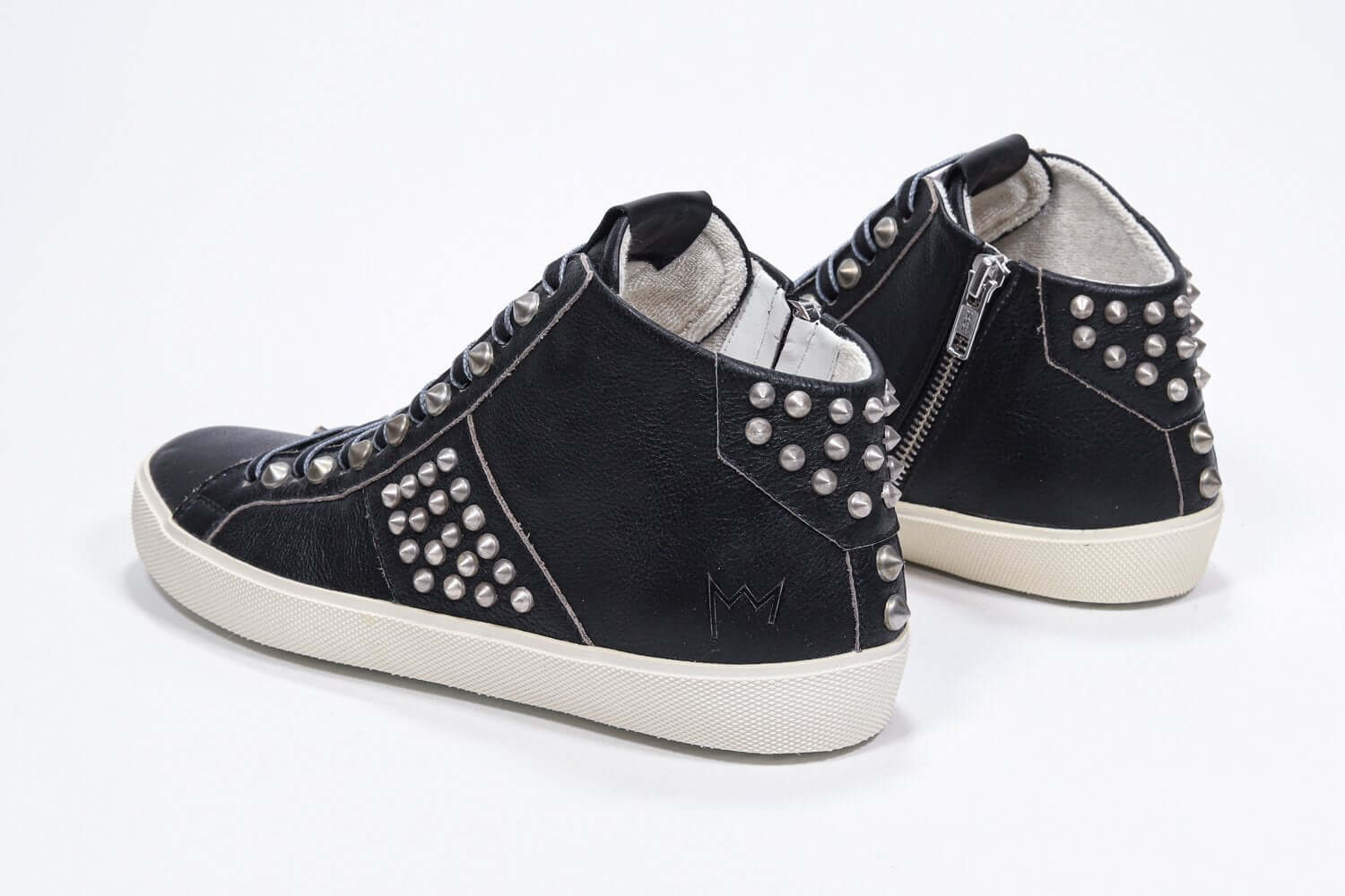 Women's STUDBORN High-top in Vintage Black Leather with polished gunmetal studs and soft cotton lining.