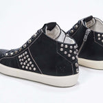 Women's STUDBORN High-top in Vintage Black Leather with polished gunmetal studs and soft cotton lining.