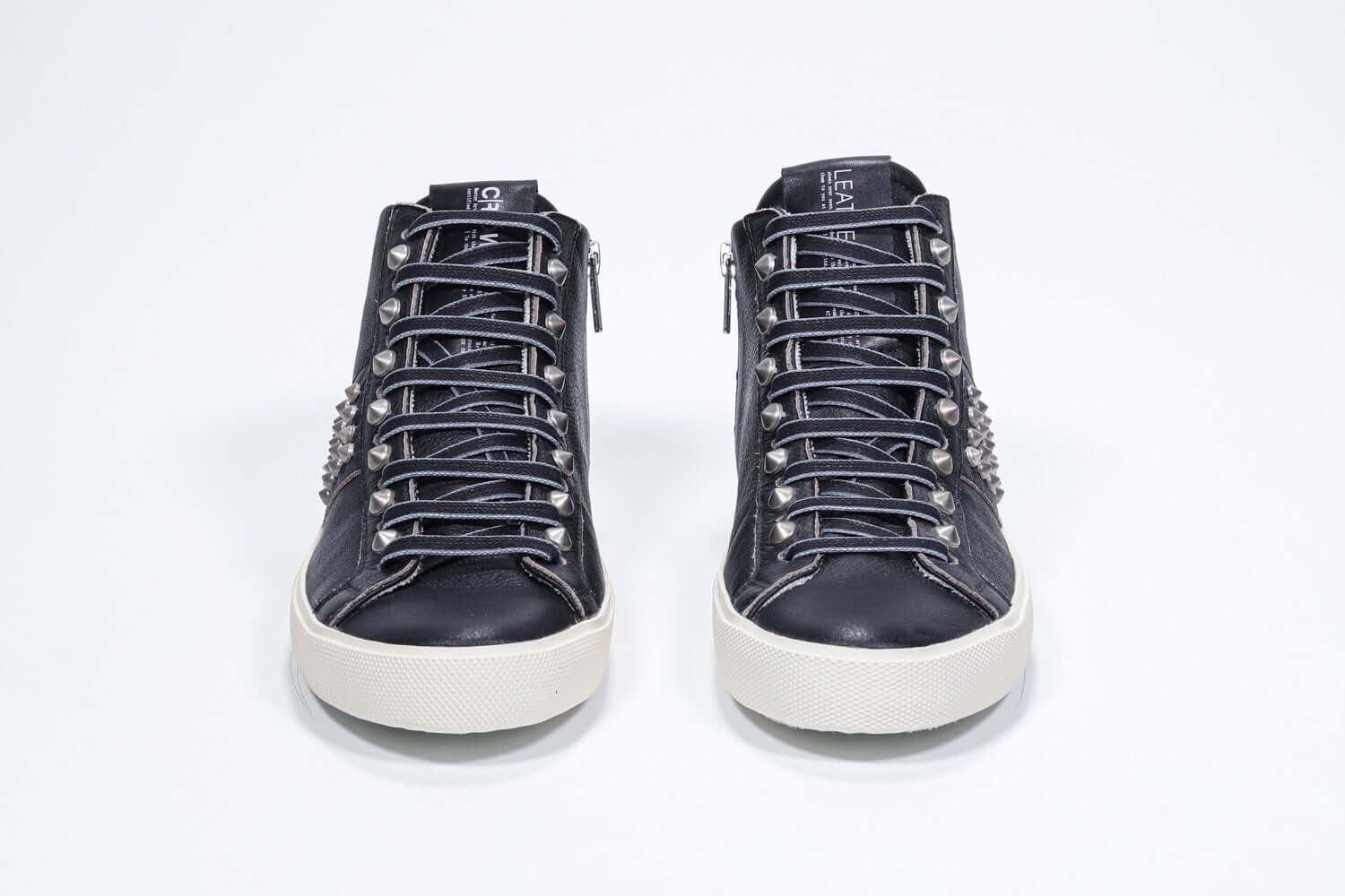 Women's STUDBORN High-top in Vintage Black Leather with polished gunmetal studs and cotton lining.